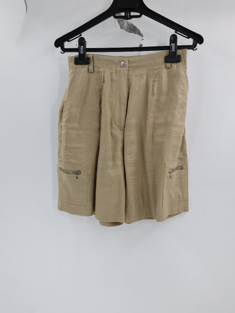 VTG Ralph Lauren Shorts Women 6P Linen Safari 7" Pleated Zip cargo Pockets Beige